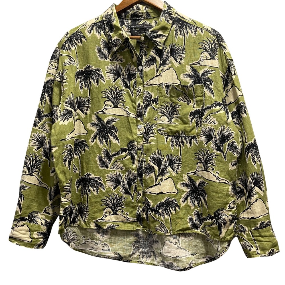 Tahari Button Front Linen Shirt Women L Green Tropical Palm Tree Tropical Beach